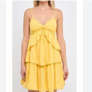 FREE THE ROSES Women's Yellow Lace Trimmed Cascade Tiered Mini Dress